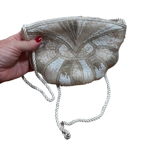 Vintage 1980’s beaded evening bag wedding bridal purse white satin silver gold - Picture 9 of 9